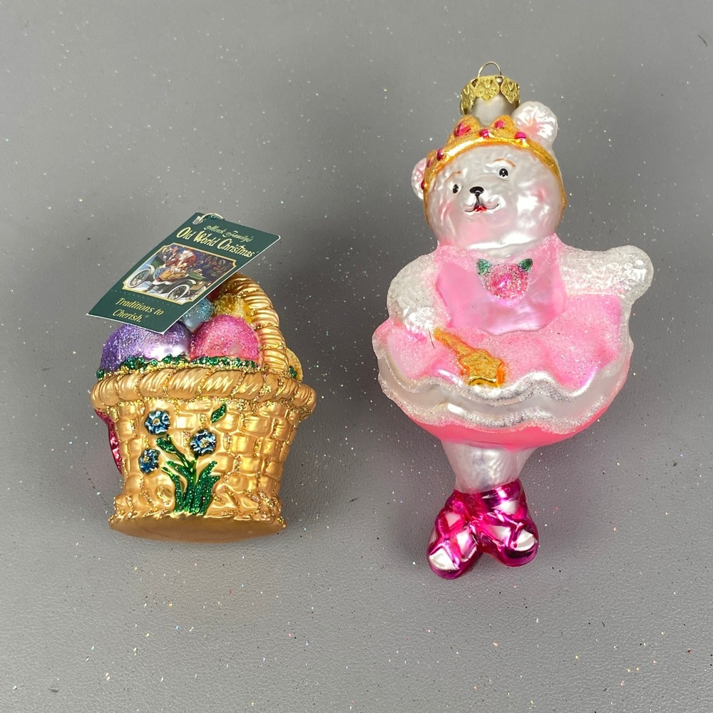 Old World Christmas Glass Holiday Ornaments Ballerina Bear & Easter Basket Set